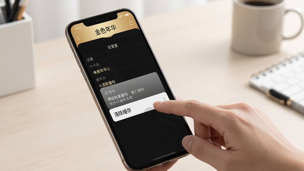 金色年华手机使用操作示意图,画面中展示一部大屏智能手机,屏幕上显示金色年华应用设置界面,手指正在点击“清除缓存”选项,背景为简洁的书桌环境,风格写实清晰,构图干净,画质高清,无多余元素。