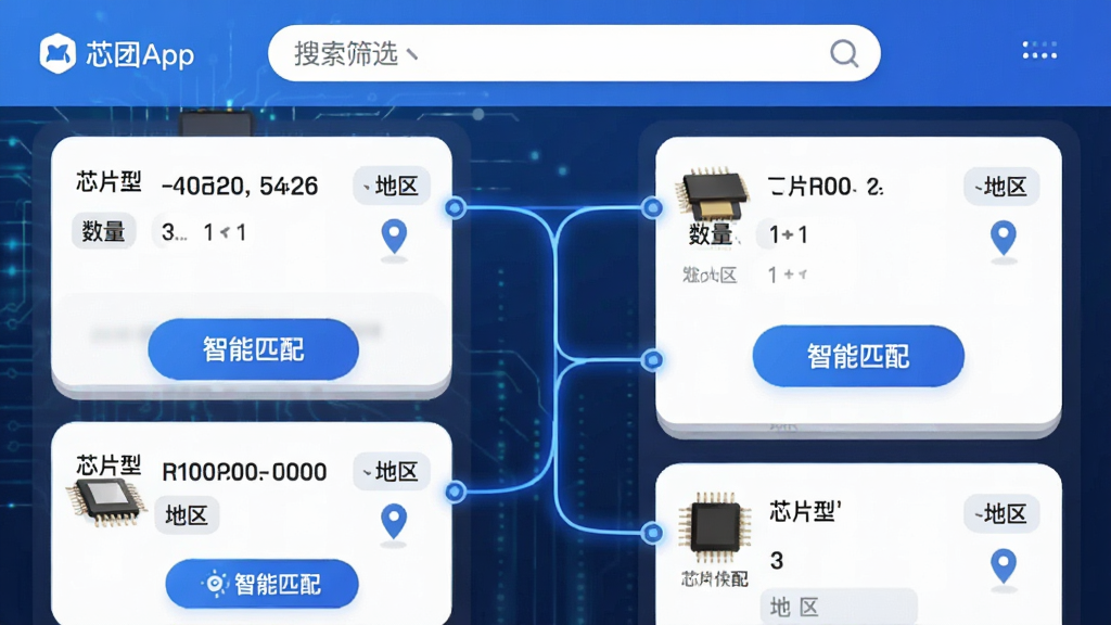 主体:芯团App的供需匹配界面,界面展示两列卡片分别代表供应与需求。布局:上方为搜索筛选栏,下方为瀑布流卡片,中间有连接线将匹配项相连。排版:卡片圆角化设计,信息密度适中。风格:商务科技风,蓝色主调。细节:卡片上有