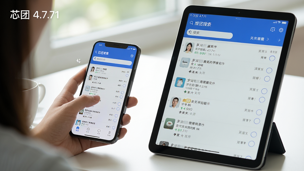 主体:用户正在手机上操作芯团App,另一台平板显示相同的界面。布局:手机与平板并排,画面聚焦于App的搜索和筛选界面。排版:文字提示