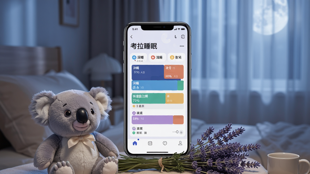 写实风格产品渲染图,画面中央是一部亮屏的智能手机,屏幕上清晰显示“考拉睡眠”APP的睡眠分析数据界面,包含深睡、浅睡、快速眼动期色块图表,手机下方有毛绒考拉玩偶与薰衣草花束,背景是月光透过纱帘的安静卧室,构图平衡,画质细腻柔和,干净无多余元素,突出助眠应用的专业与温暖气质