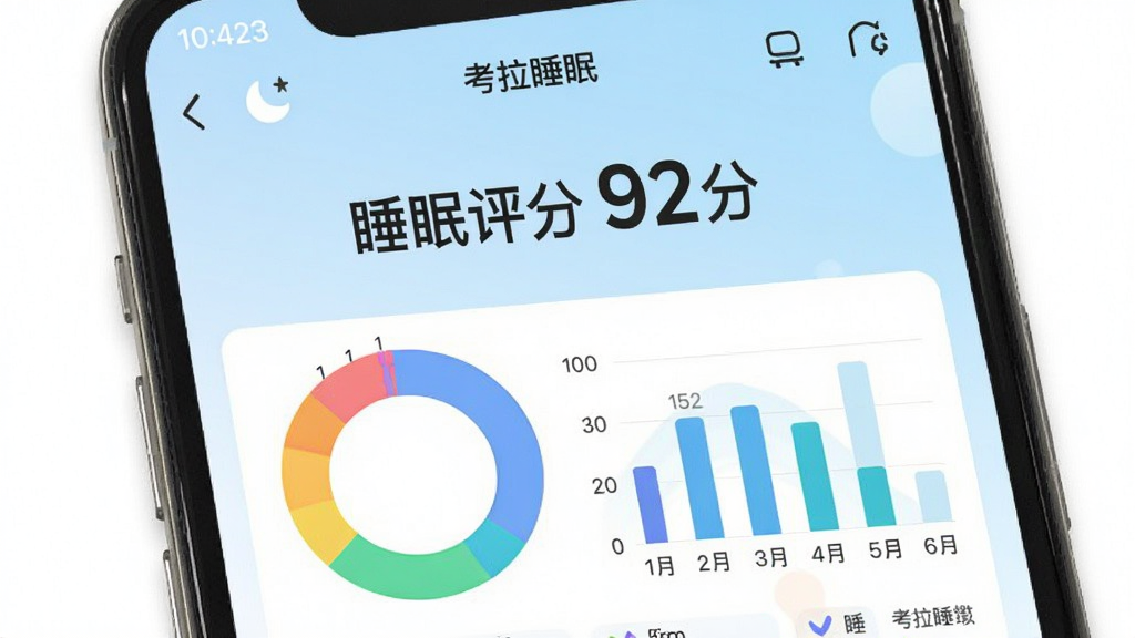 手机应用界面截图风格图片,展示“考拉睡眠”睡眠报告页面,顶部大字显示“睡眠评分 92分”,下方有彩色环状图与柱状统计,背景为浅蓝色渐变,界面风格简洁现代,文字清晰,画质干净,无多余元素,重点突出数据可视化效果