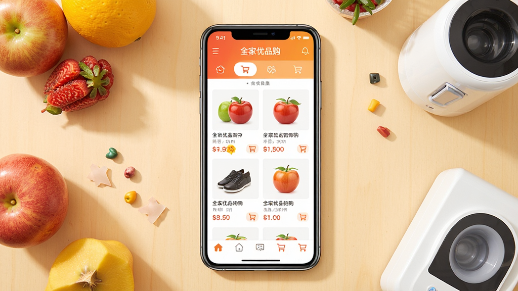 ȫ����Ʒ��APP����չʾ������Ϊ�����ֻ���Ļ�ϵĹ���Ӧ����ҳ����ʾ��Ʒ�ٲ�������ർ���������ֲ��þ��и��ӽǶȣ��ֻ�λ�ڻ������룬��Χ��׺����ˮ��������С��������ƷԪ�أ��Ű�������ɫ������������ůɫ�����̷��ϸ�ڰ����۸��ǩ�빺�ﳵͼ�ꣻ���ʸ���ɾ����޶���Ԫ�أ�ͻ����ȫ����Ʒ����Ʒ�Ʊ�ʶ��