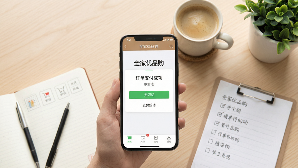 ȫ����Ʒ��ʹ�ý̳̳���������Ϊһ���ֻ��������й���App���Ա߷����űʼǱ��빺���嵥�����ֲ���ƽ���ӽǣ��ֻ���Ļ������ʾ������֧���ɹ���ҳ�棻�Ű�ɾ����࣬����Ϊǳľɫ���棬ϸ�ڰ���һ����������ɫֲ���׺���������������ͻ����ȫ����Ʒ����������֧���ɹ����棬��������ܰдʵ��