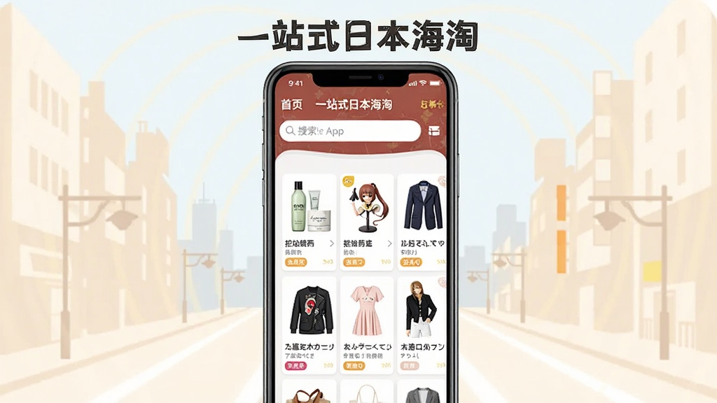 一张展示挖煤姬App核心功能的宽幅宣传图,画面中央是一部智能手机,屏幕显示挖煤姬的首页界面,上方有搜索栏,下方陈列着各类日本商品卡片,包括药妆、手办、服饰等,背景是浅色系的东京街景剪影,整体风格简洁现代,色彩明快,突出“一站式日本海淘”的主题,画质清晰,干净无多余元素