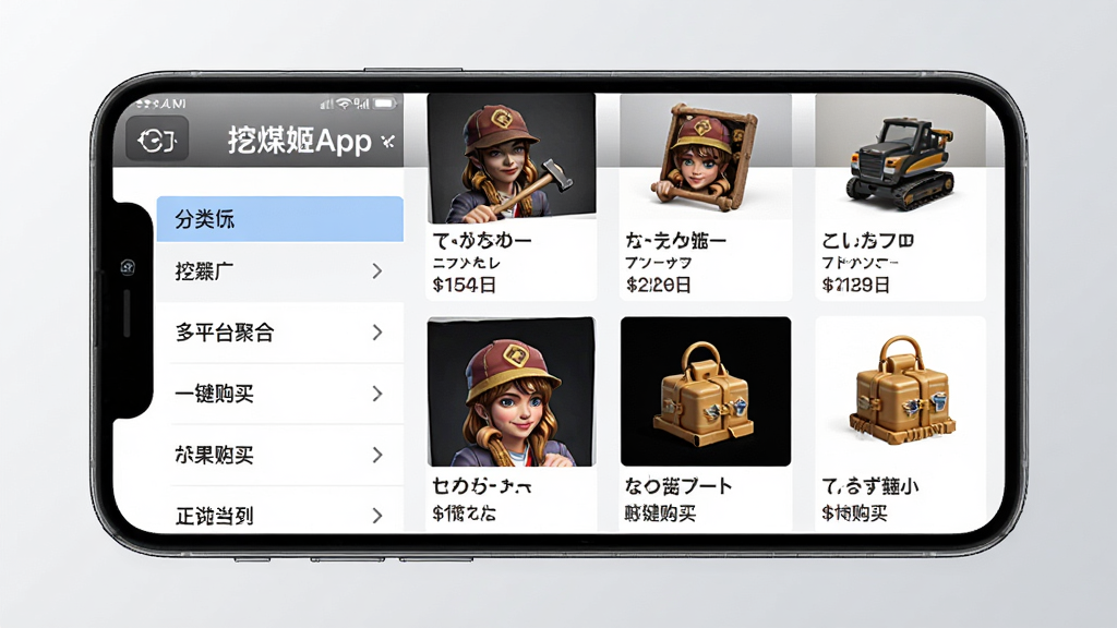 一张功能展示图,手机屏幕显示挖煤姬App的商品聚合页面,左侧是分类筛选栏,右侧是多个商品缩略图,每张图片下方标注日文名称和中文翻译价格,背景为浅灰渐变,整体布局清晰,风格简洁商务,突出“多平台聚合、一键购买”的特性,画质干净,无多余元素