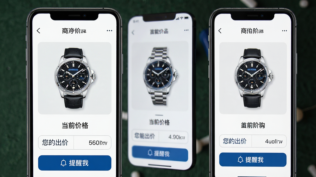 一张App功能示意图,手机界面显示竞拍出价页面,商品图片为一只限量版手表,下方有当前价格、您的出价框和“提醒我”按钮,界面以白色为主,点缀品牌蓝色,风格清爽,突出智能竞价与代购服务,画质清晰,无多余元素