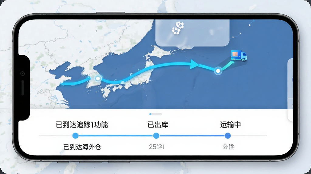 一张物流追踪功能截图风格图片,手机界面显示物流详情页面,地图上有从日本到中国的运输路线动画,下方时间轴列出“已到达海外仓”、“已出库”、“运输中”等节点,背景干净,风格科技感,突出全程追踪与合单服务,画质清晰,无多余元素