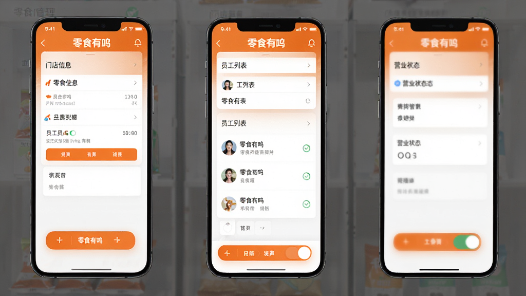 ��ʳ����APP�ŵ���������ͼ����ʾ�ŵ���Ϣ�༭��Ա���б���Ӫҵ״̬�л��ȹ��ܣ�������ó�ɫ���ɫ���䣬�������������ֿɶ���ǿ���ֻ�UI����ִ������ʸ��壬ǿ������ʳ������Ʒ��Ԫ�أ������ұ�����