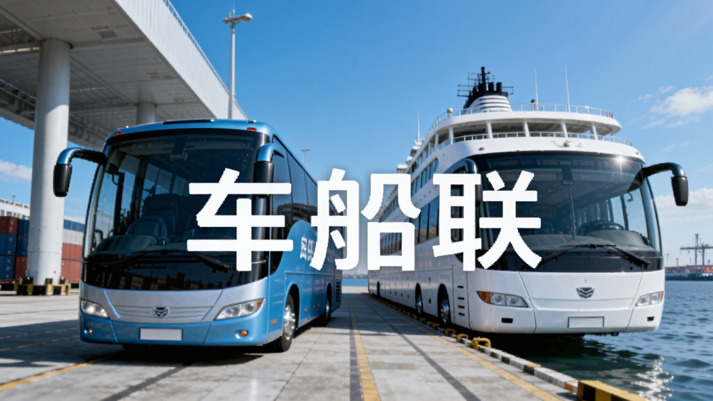 车船联主视觉图,展示手机屏幕内呈现车船联APP界面,背景为现代港口码头,一辆旅游大巴与一艘白色客轮并排停放,天空蔚蓝,画面明亮干净,界面元素清晰,突出“车船联”三个字,整体风格写实,高画质,无多余元素