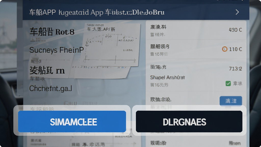 车船联APP多语言切换页面,展示中英文双语菜单列表,背景为船票订单详情,高对比度大字体按钮,界面简洁易用,风格商务,画面干净,文字内容突出,高画质