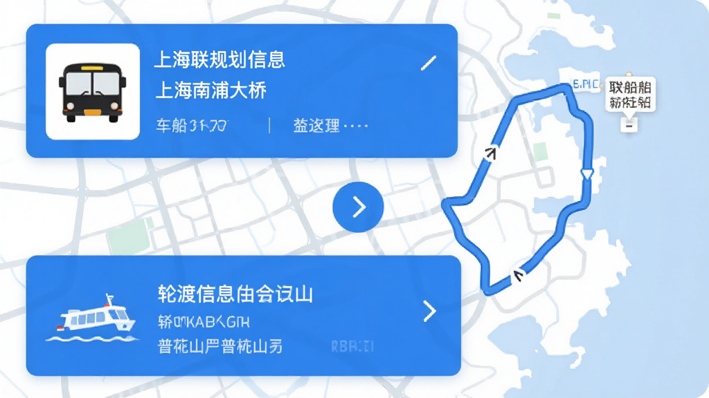 车船联APP联程规划界面截图,展示从上海南浦大桥至普陀山的行程方案,上方为巴士信息卡片,下方为轮渡信息卡片,中间用箭头图标连接,背景为简约地图路线,界面采用蓝白主色调,文字清晰,整体干净清爽,高画质