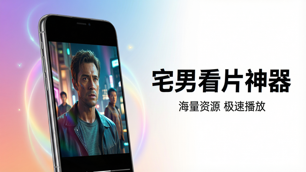 主体:一部正在播放高清电影的智能手机,屏幕中展现绚丽画面,手机周围有柔和光效。布局:手机居中偏左,右侧留白配以“宅男看片神器”艺术字标题,下方小字“海量资源 极速播放”。排版:简洁现代,标题醒目,手机屏幕内容占据视觉中心。风格:科技感与时尚感结合,色彩鲜明。细节:屏幕中电影画面清晰,手机质感高级,背景为渐变色。画质:8k超清,细节丰富,干净,无多余元素。