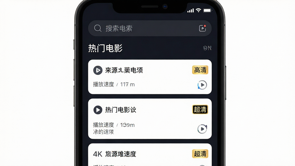 主体:手机应用界面展示搜索“热门电影”结果页,页面以列表形式呈现多个清晰度选项。布局:界面元素规整排列,上方为搜索框,下方为结果列表,每个结果项右侧标注“高清”或“超清”标签。排版:信息层级分明,字体清晰。风格:现代UI设计风格,以深色主题为背景,图标线条流畅。细节:每个结果条目标注来源标识和播放速度,界面响应迅速。画质:屏幕显示细腻,4k分辨率,干净,无多余元素。