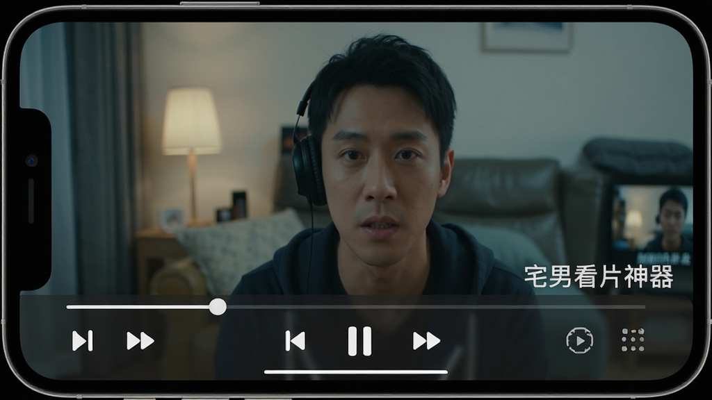 主体:一个手机播放器界面,正在全屏播放视频,画面底部显示播放控制条,包含播放/暂停按钮和时间轴。布局:视频画面占据整个屏幕,控制条半透明悬浮于底部。排版:控制按钮图标化,简洁直观。风格:沉浸式播放界面,深色背景。细节:视频画面清晰流畅,无任何卡顿或马赛克,控制条带有“宅男看片神器”字样水印。画质:高码率画质,色彩还原准确,干净,无多余元素。