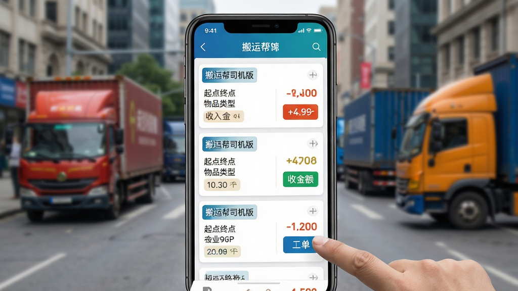 主体:手机屏幕显示搬运帮司机版订单列表,每条订单包含起点终点、物品类型、收入金额,旁边有司机手指点击“抢单”按钮。布局:手机占据画面中央,背景为虚化的城市街道和货运车辆。排版:简洁直观,突出订单信息与抢单按钮。风格:写实界面截图风格,UI清晰,色彩明快。细节:订单卡片上有“搬运帮司机版”标识,金额用醒目颜色标注。画质:高清,干净,无多余元素。