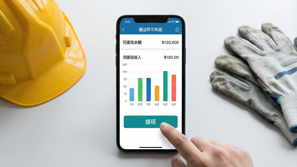 主体:手机屏幕显示搬运帮司机版收入统计界面,包含本周收入柱状图和提现按钮,一只手正在点击提现。布局:手机屏幕居中,背景为浅灰色桌面,旁边放有安全帽和手套。排版:数据图表清晰,提现按钮醒目。风格:写实摄影与UI结合,明亮干净。细节:界面显示“搬运帮司机版”和“可提现余额”数字,图表色彩丰富。画质:高清,干净,无多余元素。
