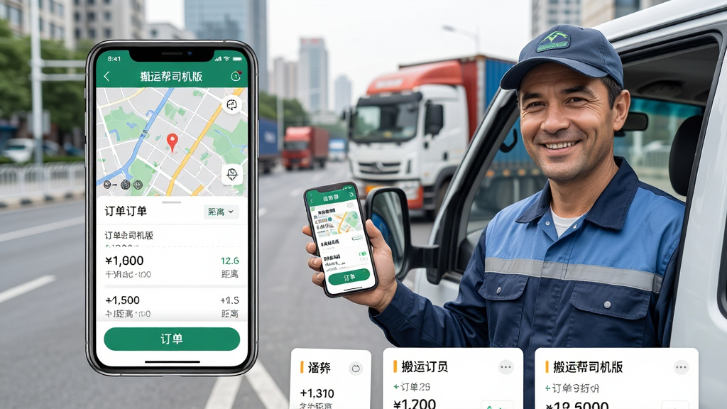 主体:一部智能手机屏幕显示搬运帮司机版接单主界面,界面中有地图、订单列表和抢单按钮,一位穿着工作服的司机师傅站在车旁微笑看着手机屏幕,背景为城市道路和货运货车。布局:手机居中偏左,司机位于右侧,形成对角线构图,画面下方有少量订单卡片排列。排版:干净疏朗,突出手机界面内容。风格:写实摄影风格,明亮自然光,专业商业软件宣传图质感。细节:手机屏幕上显示“搬运帮司机版”字样及订单金额、距离信息,司机表情自然自信。画质:超高清4K,干净,无多余元素。