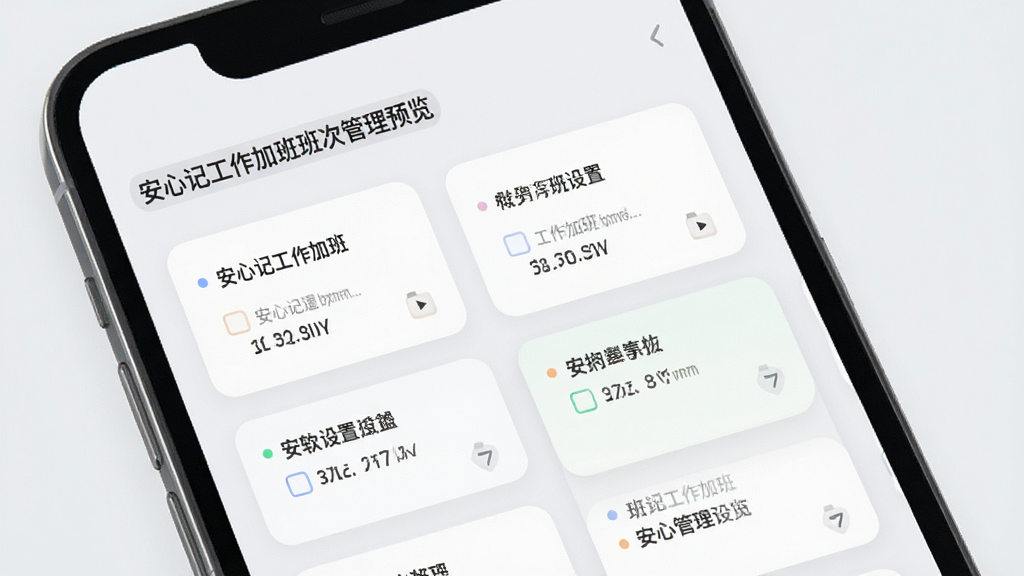 展示安心记工作加班软件的班次设置页面,手机屏幕显示多种班次选项卡片,背景为淡灰色,排版整齐,风格简约商务,色彩柔和,细节清晰,画质干净,无多余元素,文字标注“安心记工作加班”班次管理预览