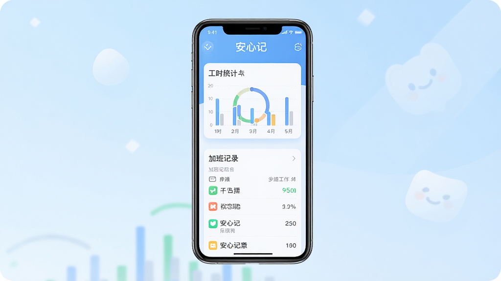 图片展示安心记工作加班软件的主界面,手机屏幕居中,显示清晰的工时统计图表与加班记录列表,背景为浅蓝色渐变,整体布局简洁明亮,现代扁平化风格,细节圆润,画质高清干净,无多余元素,文字标注“安心记工作加班”预览图