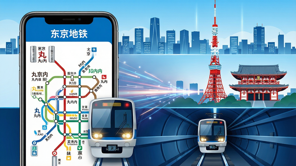 主体:东京地铁APP界面,展示复杂的线路图和电车。布局:左侧是手机界面特写,右侧是东京著名地标(如东京塔、浅草寺),中间用光速线条连接。排版:现代化信息图风格,上下结构,上方为城市天际线,下方为地铁隧道延伸。风格:科技感、明亮通透、色彩鲜艳,蓝白主色调,配以红色点缀。细节:APP屏幕上清晰显示“东京地铁”四字,界面有银座线、丸之内线等彩色线条,电车车头灯光闪烁。画质:超高清8K,干净,无多余元素。