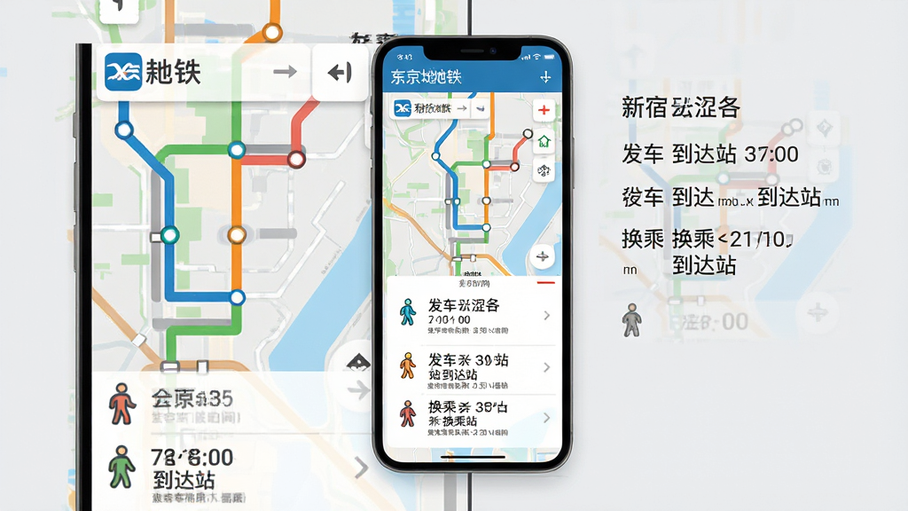 主体:智能手机展示路线规划结果,从新宿到涩谷。布局:屏幕中央是彩色路线图,下方是详细步骤列表,旁边有小人图标。排版:左右分屏,左侧为放大的路线图,右侧为文字说明。风格:清新简洁,扁平化设计。细节:地图上显示“东京地铁”应用图标,步骤条包含发车时间、到达站、换乘站提示,背景为浅灰色。画质:高清,干净,无多余元素。
