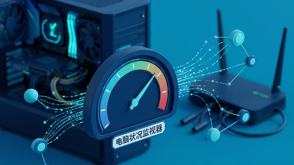 一幅科技感十足的3D插图,前景是虚拟的网速仪表盘与连接节点图,背景为模糊的电脑主机与路由器。主体布局饱满,风格抽象写实,突出网络数据流动感。细节处有“电脑状况监视器”字样标签贴在仪表盘下方,整体色调为深蓝与青色,画质干净,无多余元素。