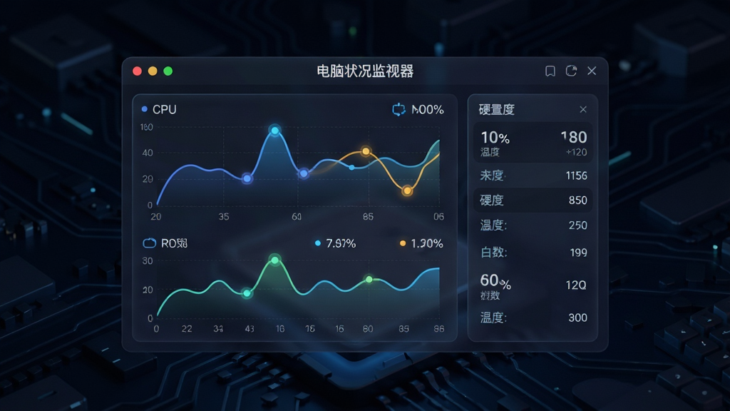 一幅高清数字渲染图,主体是运行中的电脑状况监视器软件界面,悬浮于深色科技感背景之上。界面中显示CPU、内存、磁盘的实时曲线图与百分比数字,布局居中,采用左右分栏设计,左侧为性能图表,右侧为硬件温度列表。风格为现代扁平化结合拟物质感,细节包含流畅的波形线条、发光的数据节点、清晰的“电脑状况监视器”字样标题。画质细腻,干净,无多余元素。