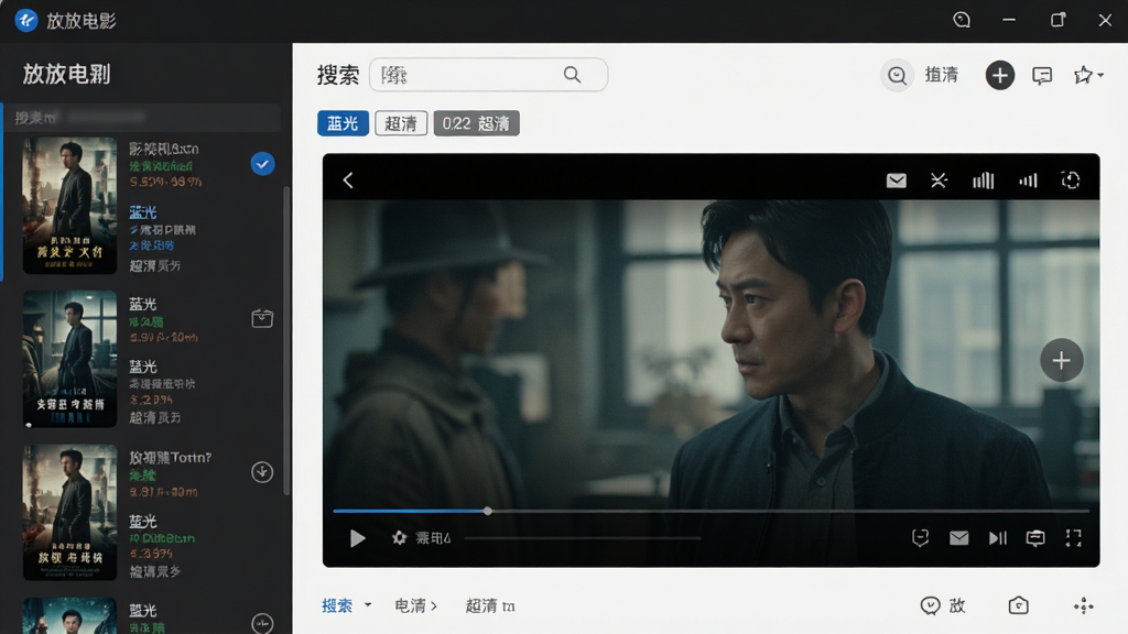 高清影视聚合搜索功能演示截图,主体为放放电影软件界面,布局为左侧影片列表右侧播放窗口,排版整洁,风格写实,细节需展示搜索结果页中多个清晰度选项标签如“蓝光”、“超清”,画质细腻,干净无多余元素