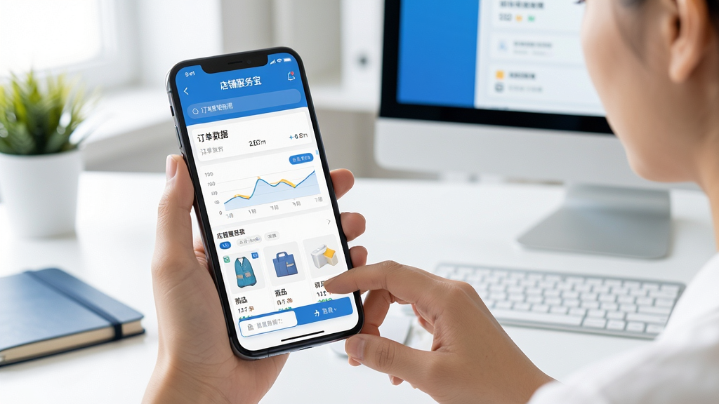 一幅展示现代电商卖家通过智能手机使用“店铺服务宝”应用管理店铺的场景,手机屏幕界面清晰显示订单数据图表和商品列表,背景是简约的办公桌和电脑,整体风格明亮专业,界面UI设计扁平化,色彩以蓝色和白色为主,画质高清,干净无多余元素