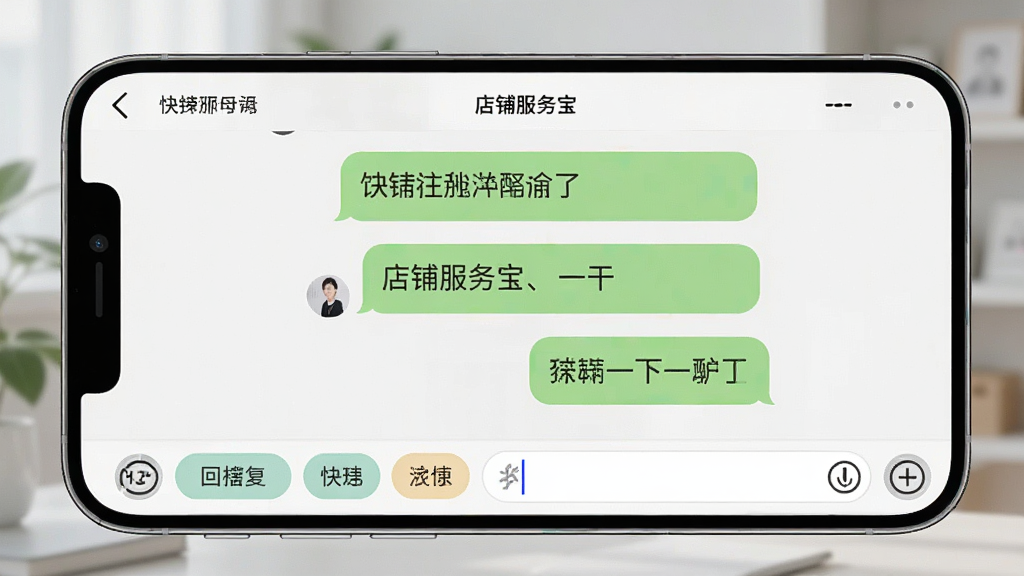 一张智能手机横屏截图展示“店铺服务宝”的聊天客服界面,对话气泡清晰,底部有快捷回复按钮和输入框,界面风格清爽柔和,背景虚化处理突显手机屏幕内容,整体明亮,画质高清