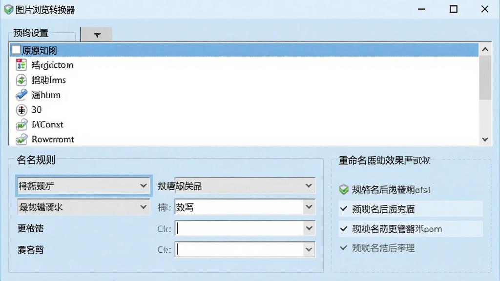 图片浏览转换器批量重命名设置窗口,上方为原文件列表,下方为命名规则预览区,包含多种下拉选项和输入框,右侧显示重命名后的效果预览,界面采用浅蓝色调,逻辑清晰,易于操作
