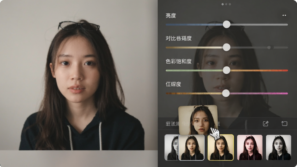 图片浏览转换器内置编辑面板展示,左侧为原图,右侧为调节滑块,包括亮度、对比度、色彩饱和度等,底部有多个滤镜缩略图,用户鼠标悬停在一款复古滤镜上,画面色调随之变化,整体风格柔和,操作直观