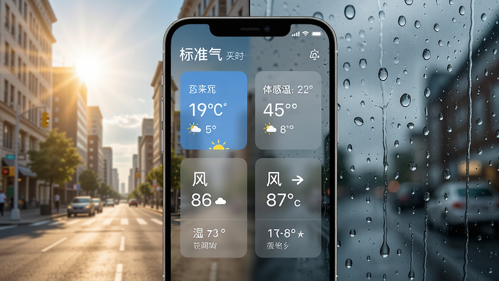 标准天气实时天气监测功能预览,手机屏幕显示当前温度、体感温度、湿度、风向风速等数据卡片,背景为对应的天气实景动态壁纸,如晴天时显示阳光明媚的城市街景,雨天时显示雨滴落在玻璃窗上的效果,UI设计简洁清晰,数据可视化程度高,画质细腻,无多余元素