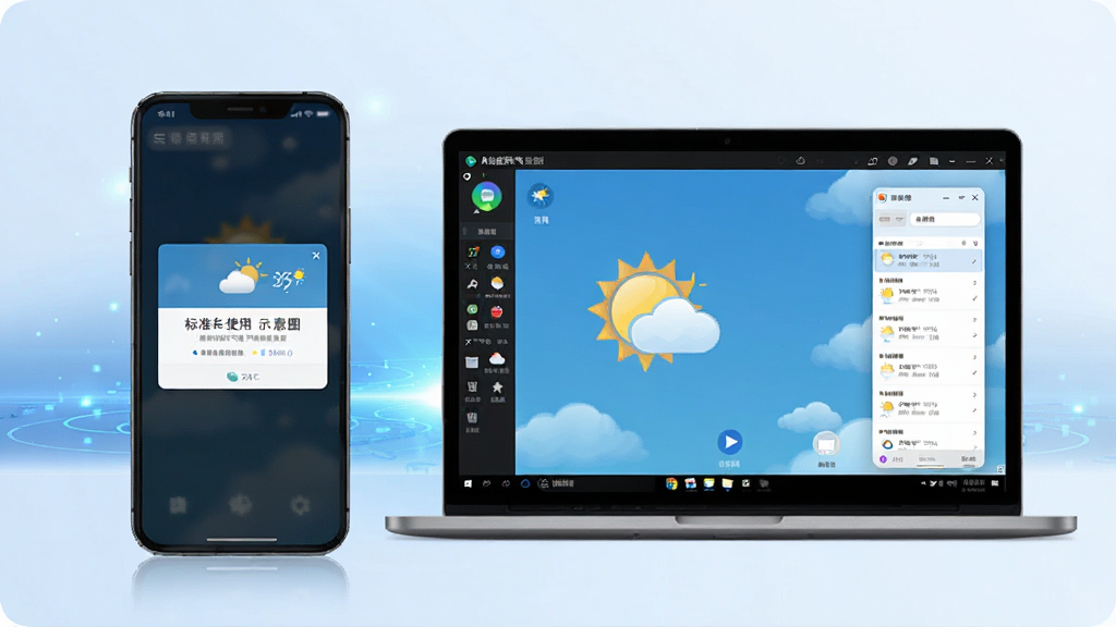 标准天气使用环境示意图,左侧为智能手机显示天气预警弹窗,右侧为笔记本电脑运行安卓模拟器显示标准天气界面,背景为渐变蓝色科技感光效,整体画面干净,突出多设备使用场景,画质清晰