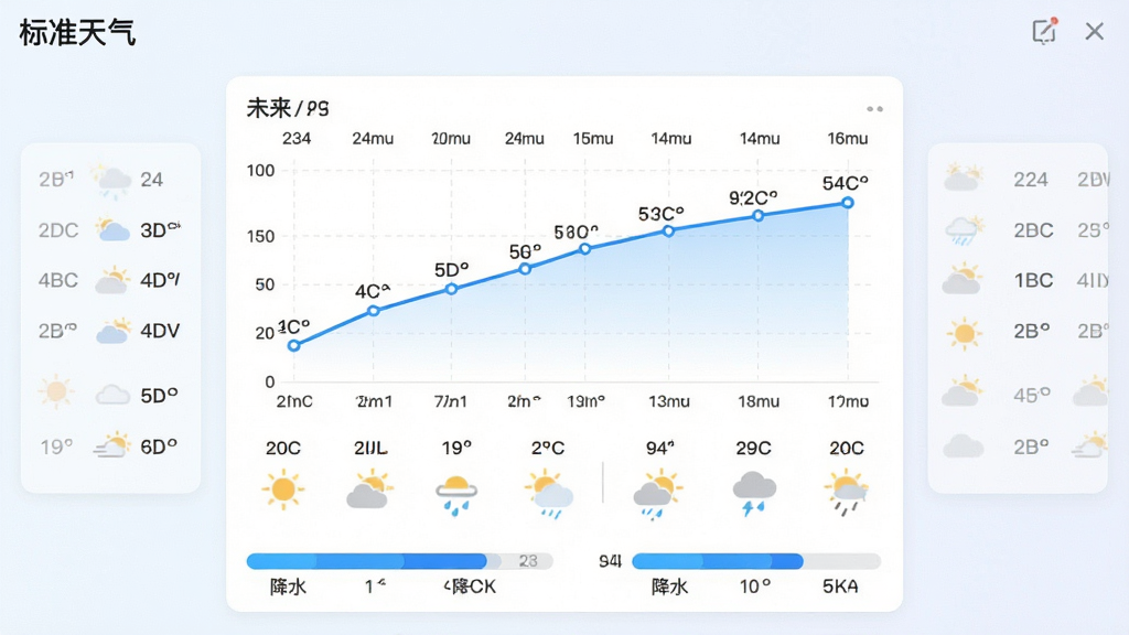 标准天气逐小时预报功能展示,屏幕中央为未来24小时温度趋势折线图,下方为逐小时天气图标与降水概率条,左右滑动可查看不同时段详情,整体界面采用浅色背景搭配蓝色数据线条,清晰易读,风格简约现代,软件名称“标准天气”出现在左上角,画质干净