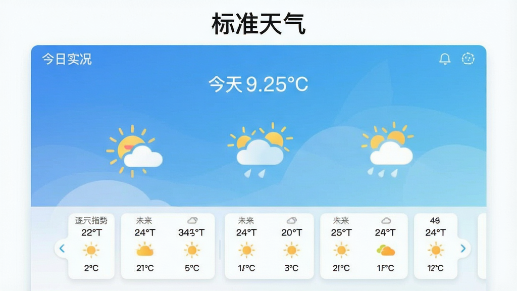 标准天气应用主界面,展示今日天气实况、未来24小时趋势及空气质量指数,采用扁平化设计风格,主色调为清新的蓝白渐变色,顶部显示城市名称与当前温度,中部为动态天气动画图标,底部为逐小时预报滑动卡片,整体排版简洁明了,画质干净,无多余元素,软件名称“标准天气”以现代字体居中显示在屏幕上方