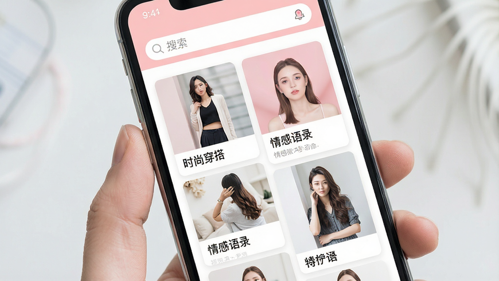 一张展示智能手机屏幕的图片,屏幕上显示伊人网应用的主界面,界面设计简洁清新,以浅粉色和白色为主色调,顶部有搜索栏,中间是精美的图文卡片瀑布流布局,卡片上分别有“时尚穿搭”、“情感语录”等栏目名称。整体风格现代简约,画质清晰,干净无多余元素