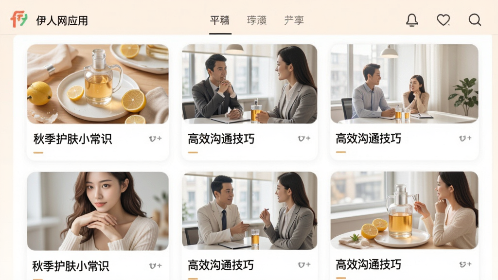 伊人网应用的内容推荐界面截图,界面上展示了一个信息流列表,列表项包含精美的缩略图和标题,如“秋季护肤小常识”、“高效沟通技巧”等,界面风格温馨明亮,图片清晰,排版整洁,干净无多余元素