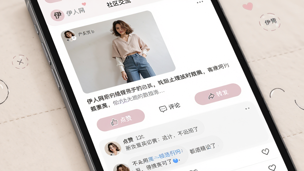 伊人网应用的社区交流界面,屏幕上展示了一个帖子详情页面,上面有用户发布的穿搭照片和文字描述,下方有“点赞”、“评论”和“转发”按钮,评论区有友好的互动留言。界面设计时尚,色彩柔和,画质细腻,干净无多余元素
