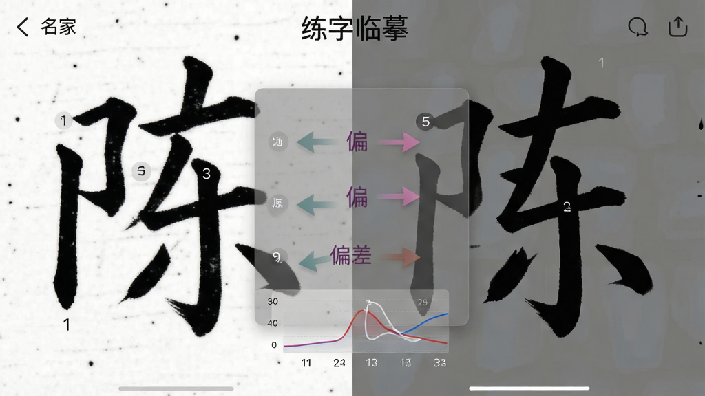 一张“练字临摹”应用的笔画对比界面,左侧为名家原帖字样,右侧为用户书写字样,中间有半透明叠加层和偏差标记箭头,主体突出,布局对称,排版专业,风格写实,细节包含笔画序号和力度曲线图,画质高清干净,无多余元素。