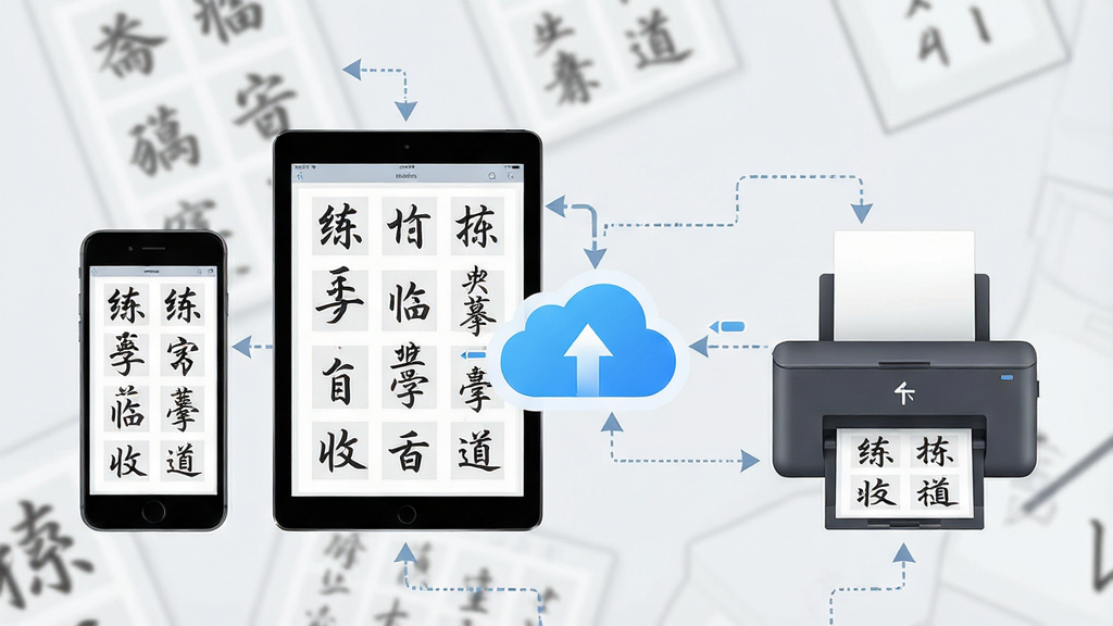 一张“练字临摹”应用的多设备同步示意图,主体是手机、平板和打印机围绕一个云图标,设备屏幕均显示相同的字帖页面,背景为浅灰色,布局分散,排版均衡,风格商业插画风,细节包含云同步箭头和连接线,画质高清干净,无多余元素。