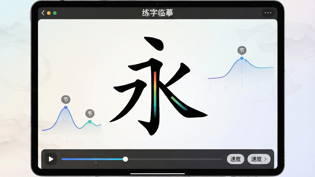 一张“练字临摹”应用的笔画节奏教学界面,主体是大屏中央的“永”字,笔画上带有渐变色彩指示运笔速度,下方有播放进度条和速度选择按钮,背景淡雅,布局集中,排版简洁,风格科技感,细节包含力度曲线和节奏点标记,画质高清干净,无多余元素。