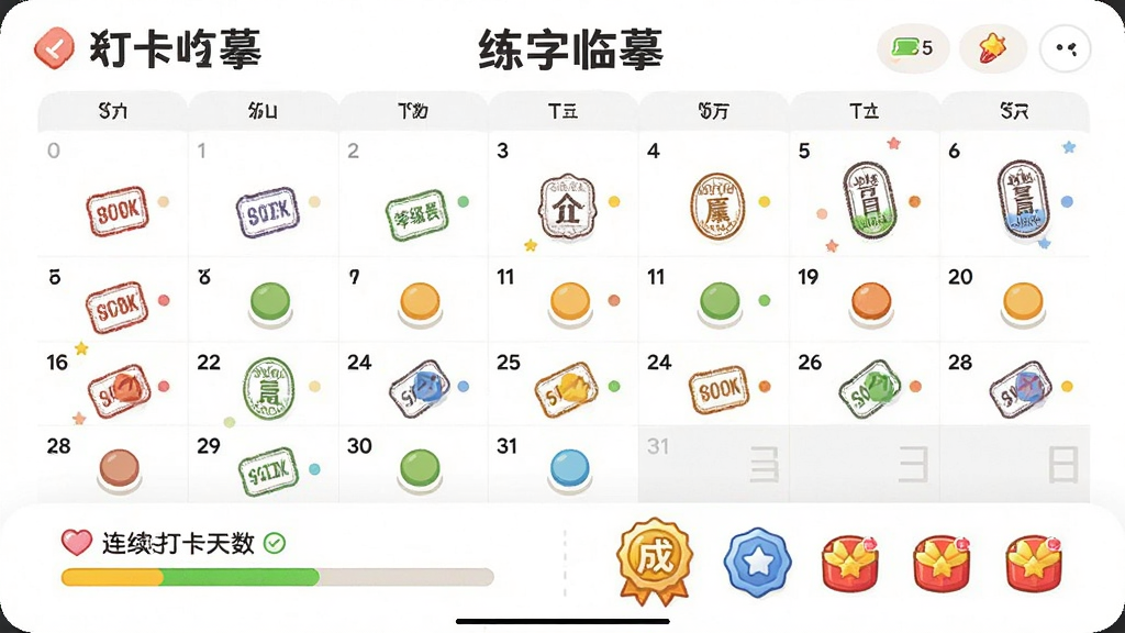 一张“练字临摹”应用的打卡日历界面,主体是当月日历,每个日期上有印章或彩色圆点标记,底部有连续打卡天数和成就徽章展示,布局清爽,排版活泼,风格可爱简约,细节包含等级进度条和奖励图标,画质高清干净,无多余元素。