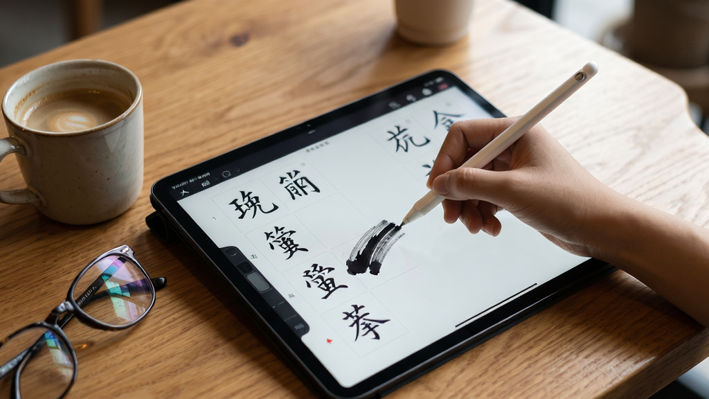 一张“练字临摹”应用在平板电脑上配合手写笔使用的实拍场景,主体是平板上显示的字帖页面和手写笔,旁边有咖啡杯和眼镜,背景为木桌,布局自然,排版随意,风格生活化,细节包含笔触在屏幕上的墨迹,画质清晰干净,无多余元素。