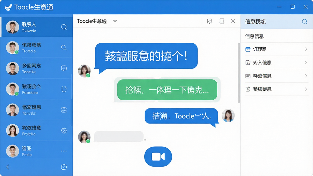 展示“Toocle生意通”软件界面的概念设计图,布局为左侧联系人列表、中间聊天窗口、右侧信息面板的三栏式结构。聊天窗口内悬浮着大号文字气泡和清晰的视频通话图标,画面干净明亮。风格为扁平化UI设计,色彩以蓝色和白色为主,强调功能清晰与操作便捷。整体排版规范,细节精准,画质高清,无多余元素,界面中的文字仅显示“Toocle生意通”字样