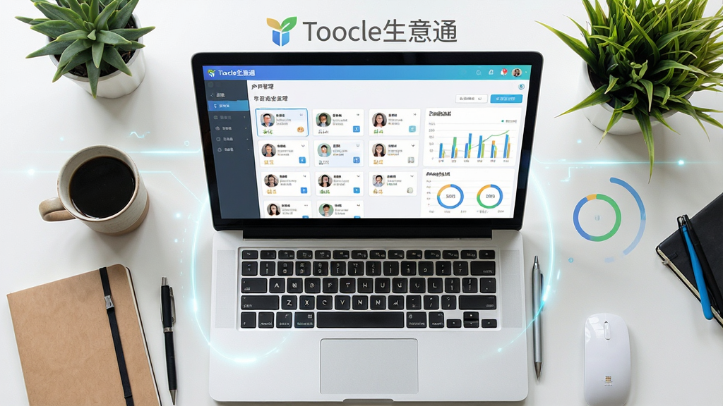 一张俯视角的办公桌面摄影图片,画面中央是一台运行着“Toocle生意通”客户管理界面的笔记本电脑,屏幕中显示着整齐排列的客户名片卡片和数据分析图表。桌面周围散落着笔记本、咖啡杯和绿色植物,整体布局自然和谐。风格为写实摄影结合轻微科技感光效,细节丰富包括屏幕上的数据条和进度环,画质清晰干净,无多余杂乱元素,屏幕上方隐约可见“Toocle生意通”的Logo水印