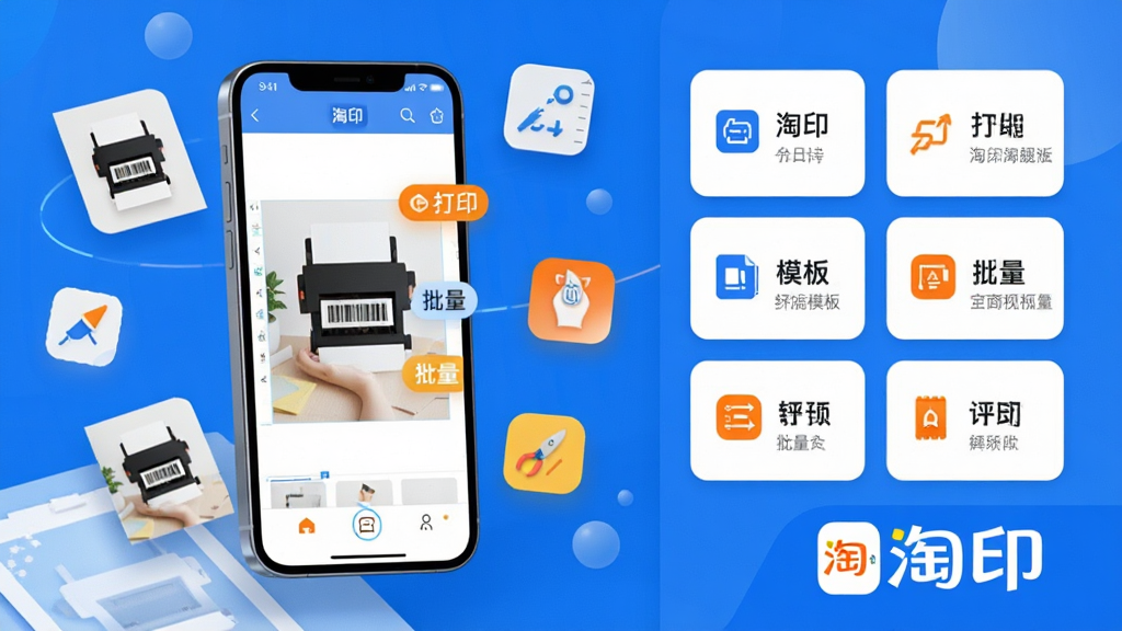主体:淘印app界面与淘宝电商元素结合,中心显示手机屏幕内呈现商品主图编辑样式,周围漂浮打印成品和设计工具图标。布局:手机居中偏左,右侧配以简洁功能列表卡片,底部有“淘印”字样logo。排版:现代扁平化风格,层次分明,主次有序。风格:科技感与电商活力结合,色彩明快,蓝白主调搭配橙黄点缀。细节:屏幕中展示图片编辑操作,突出“打印”“模板”“批量”等文字标签。画质:高清渲染,干净无多余元素。