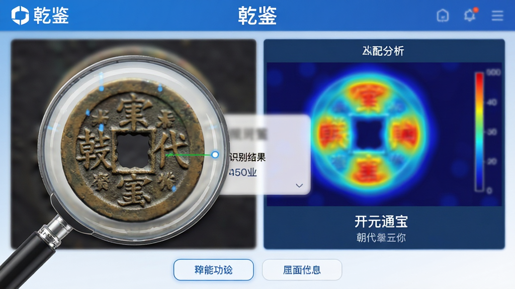 主体:乾鉴软件界面放大镜对准一枚宋代古钱币,界面弹出识别结果与相关数据信息。布局:左侧为原图钱币,右侧为AI分析热力图与匹配度百分比,下方有“开元通宝”字样与朝代标注。排版:界面采用左右分栏式设计,顶部为“乾鉴”白色LOGO,底部有功能按钮。风格:现代科技感UI,蓝白主色调,数据可视化图表。细节:热力图用红黄蓝渐变展示重点区域,背景虚化突出主体。画质:高清晰度,屏幕无噪点,干净整洁。