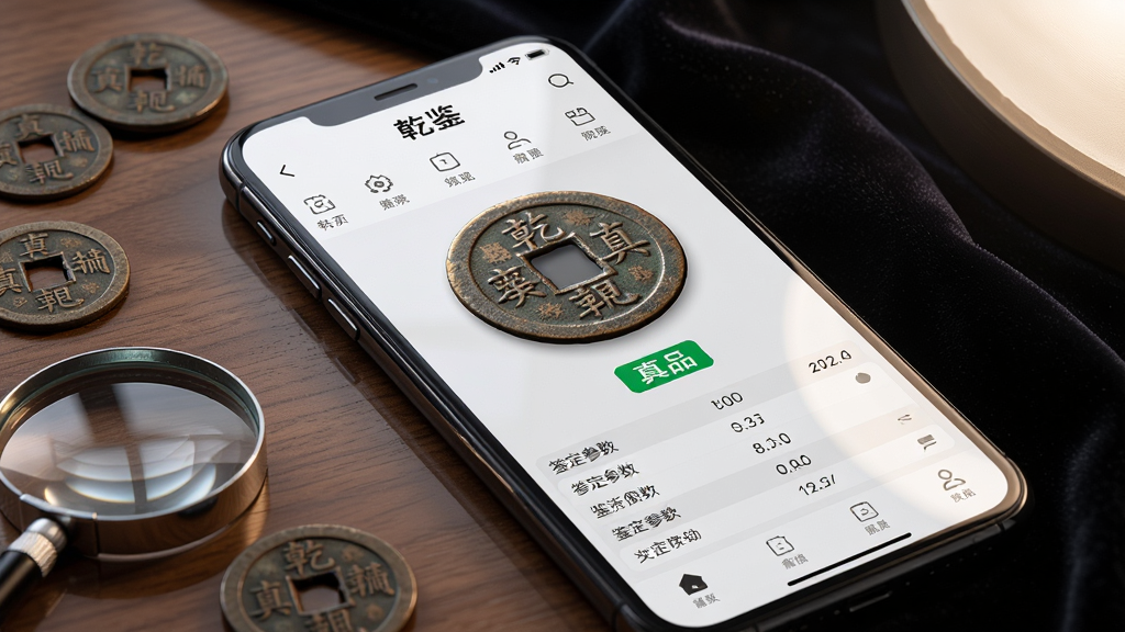 主体:一部智能手机屏幕显示乾鉴APP的鉴定结果页面,页面中央是一枚放大的古钱币高清图像,钱币下方有“真品”绿色标签与详细的鉴定参数列表。布局:手机斜放于木质桌面,周围散落几枚古钱币与放大镜,画面右侧有柔光照明,背景为深色绒布突出主体。排版:APP界面清晰展示“乾鉴”品牌名与简洁功能图标,整体风格专业、干净。风格:写实数码产品宣传图风格,结合鉴宝场景氛围。细节:古钱币的包浆、字口清晰可见,手机屏幕反光自然,桌面反射柔和倒影。画质:8K超清,细节丰富,画面干净,无多余元素。