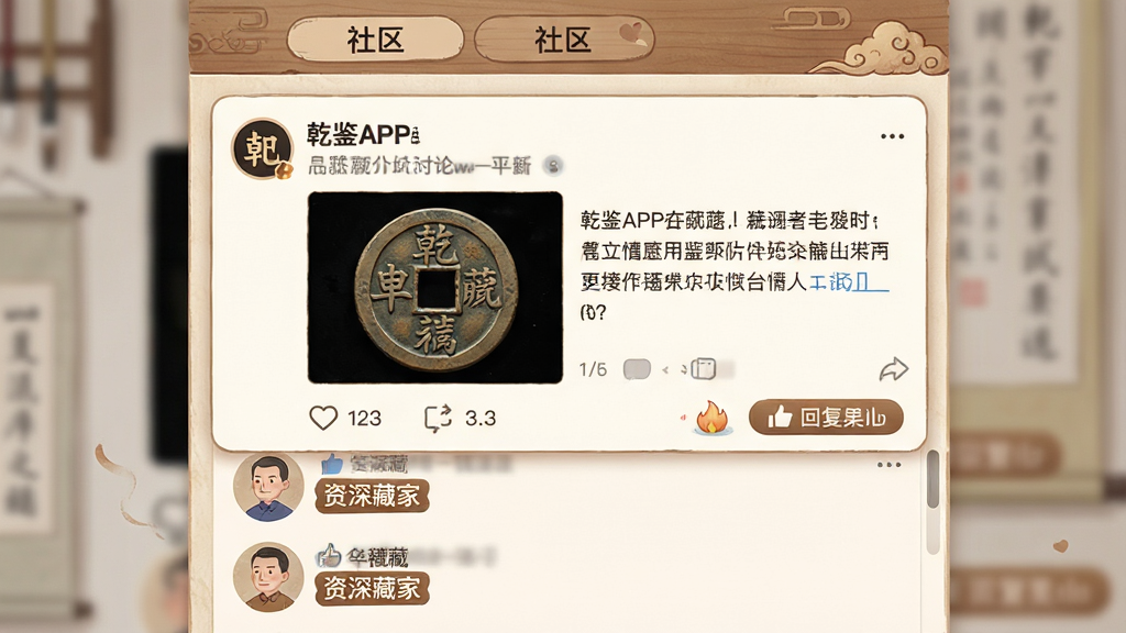 主体:乾鉴APP社区讨论界面,一条帖子展示一枚古钱币并有多条回复。布局:顶部标签“社区”,中部为帖子卡片,下方为评论列表,评论者头像旁有“资深藏家”标识。排版:信息流式布局,文字大小错落有致,主色调为木色与墨色。风格:温馨的社区交流风格,插画元素点缀。细节:点赞、回复按钮清晰,帖子图片为乾隆通宝,背景轻微虚化。画质:细腻柔和,前景清晰。